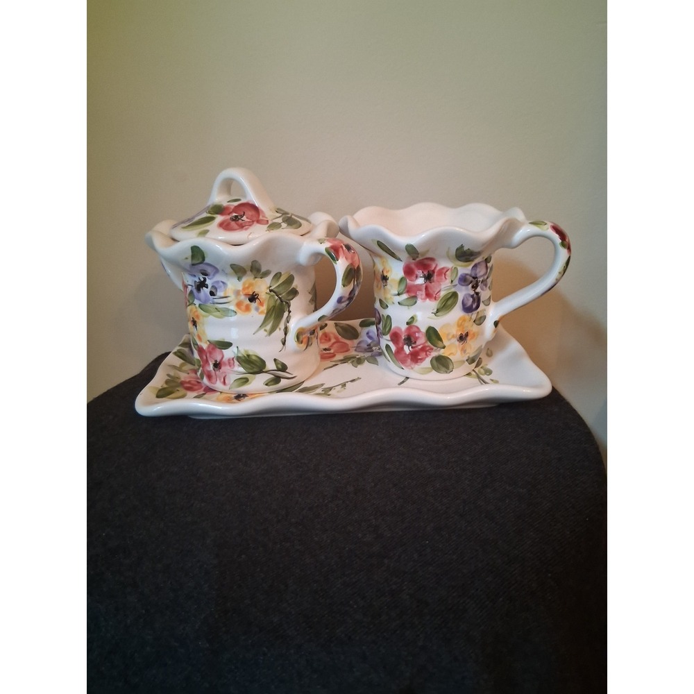 Tabletops Unlimited Rose Prairie Hand Painted Sugar Creamer Set with Tray Floral